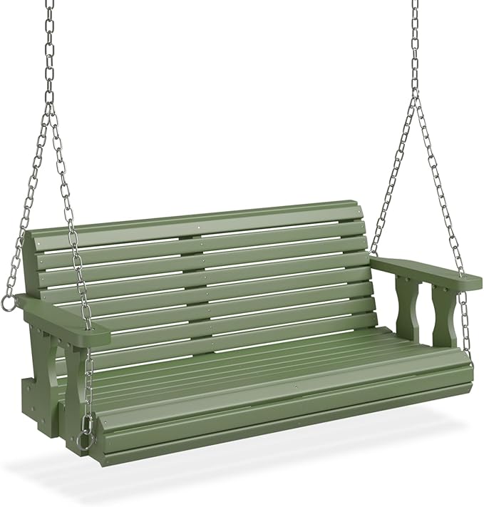 VINGLI Upgraded Patio Wooden Porch Swing for Courtyard & Garden, Heavy Duty 880 LBS Swing Chair Bench with Hanging Chains for Outdoors (Green, 4 FT)
