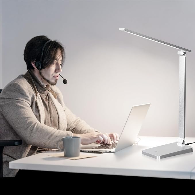 LED Desk Lamp for Home Office, 3 Levels Dimmable Desk Light with USB Charging Port, Small Study Lamp, Reading Light for Table, Sliver, 5000K