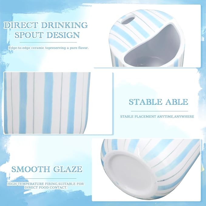 Ceramic Mug with Sip Hole 10 oz Light Blue Striped Ceramic Coffee Mug Hand Painted Travel Mugs Heat Resistant Non Slip Built in One Lid Handcraft Mugs for Coffee Lovers Appreciation Gift