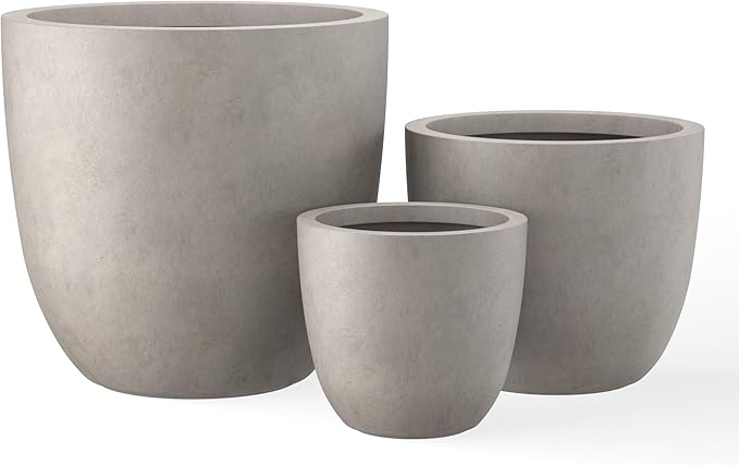 Kante 18",14",10" Dia Concrete Round Planters (Set of 3), Outdoor Indoor Large Planter Pots with Drainage Hole and Rubber Plug for Home Patio Garden, Buff Concrete