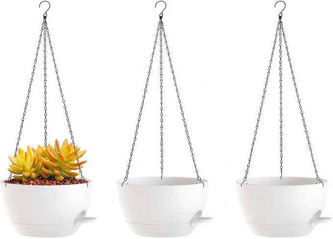 Hanging Planters, 3-Pack 10 Inch Self-Watering Pots with Drainage Holes and Chains, Matte Plastic Planters for Indoor/Outdoor Plant(White)
