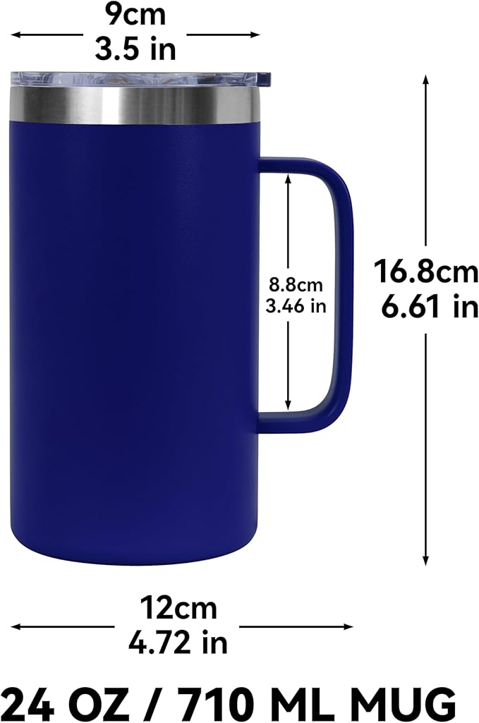 DOMICARE 24oz Mug with Handle and Lid, Stainless Steel Coffee Mug, Travel Mug with Handle, Double Wall Vacuum Coffee Tumbler, Reusable Insulated Cup, Dark Blue, Pack 4