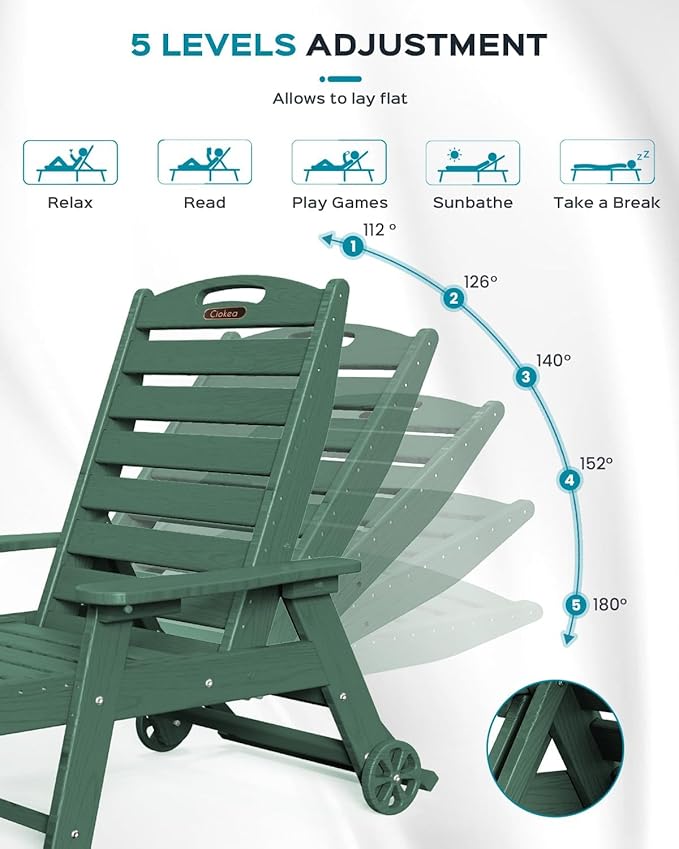 Outdoor Chaise Lounge Chair Set of 2, Patio Lounge Chairs for Outside, HDPE Lounge Chair with Wheels & Cup Holder, Poly Chair with 5 Position for Poolside, Deck, Green