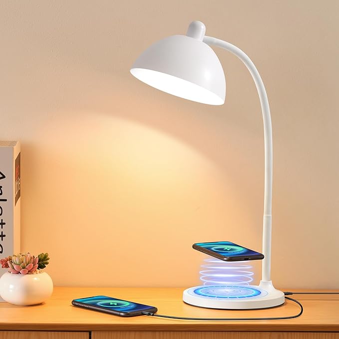 BOHON Desk Lamp, LED Desk Lamp with USB Charging Port, Wireless Charger Desk Light for Home Office, 5 Colors 6 Levels Brightness, Touch Table Lamp for Bedroom Bedside College Dorm Reading, White