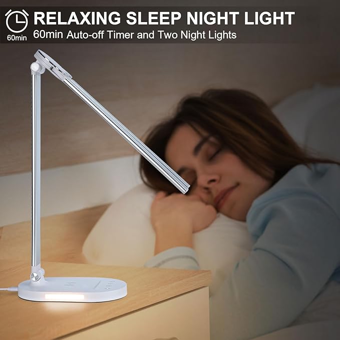 Lightess LED Desk Lamp with Wireless Charger, USB Charging Port - Dual Swing Arm Dimmable LED Desk Light with Night Light, Foldable Desk Lamp, Touch Control Table Lamp for College Dorm Room Bedroom