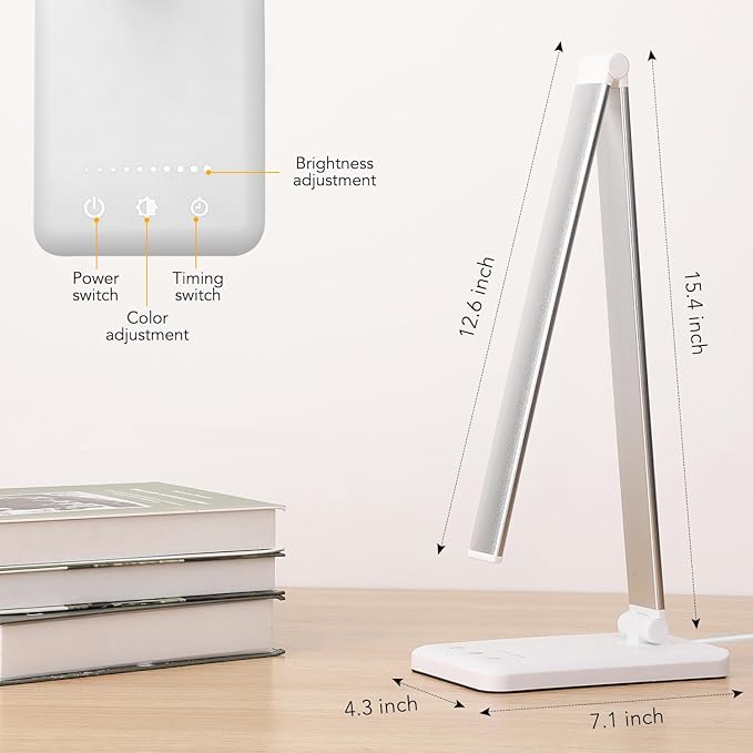 Led Desk Lamp, Desk Lamp with USB Charging Port, 5 Color Modes, 10 Brightness, Natural Light, Eye Caring Reading Lamp, Desk Light for Home Office, Table Lamp, Touch Control, Auto-Timer, White