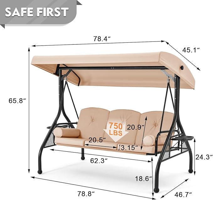 HOMREST 3 Seat Outdoor Porch Swing with Adjustable Canopy, Convertible Patio Swing Bed with Stand, Patio Glider Swing with Upgraded Cup Holder, Thicken Cushions & Pillow for Backyard(Khaki)