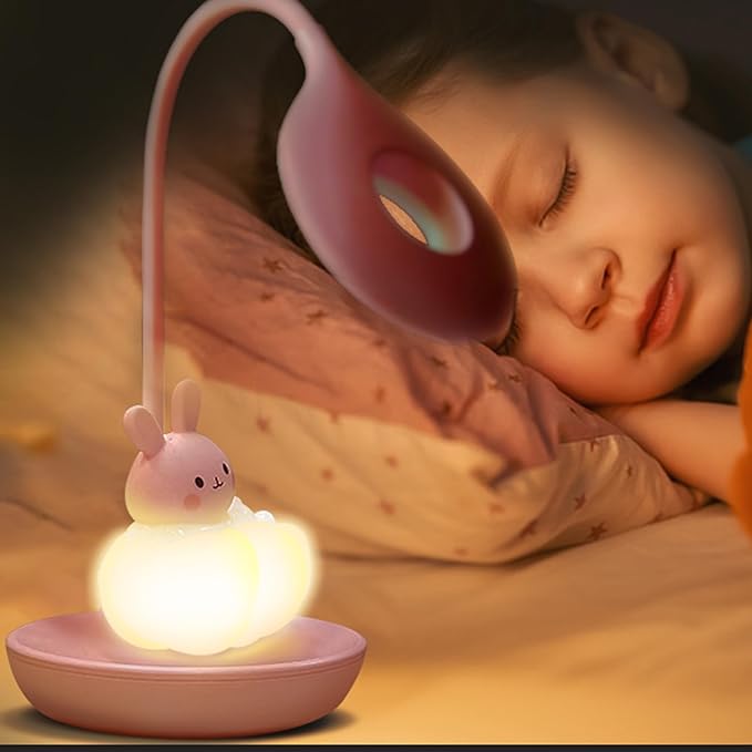 Kids Desk Lamp Pink, Dimming Desk Lamp for Girls with Exclusive Cartoon Look, Cute Night Light for Kids Bedroom, Eye-Caring LED Portable Reading Lamp for Child, Unique Gift (Pink Rabbit)
