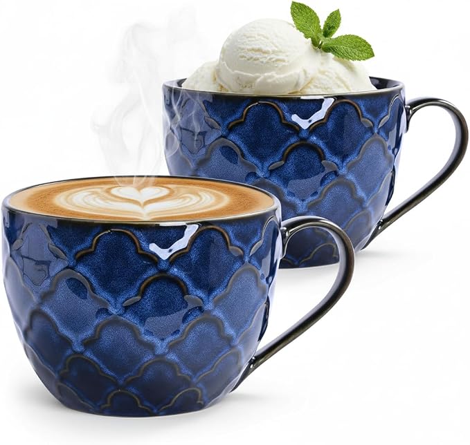 24 oz Large Coffee Mug, Ceramic Coffee Mugs with Handles, Set of 2, Blue | Coffee Mug for Hot Chocolate, Cappuccino, Soup, Oatmeal, Ramen, Microwave & Dishwasher Safe, Coffee Cups Large Soup Bowl