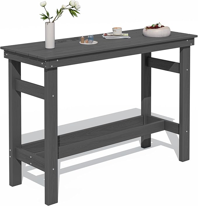 SERWALL 41" Outdoor Bar Table with 1.6" Umbrella Hole, HDPE Patio Bar Counter Height Table, All-Weather Rectangle Bar Table for Backyard, Garden, Poolside, Balcony - Grey