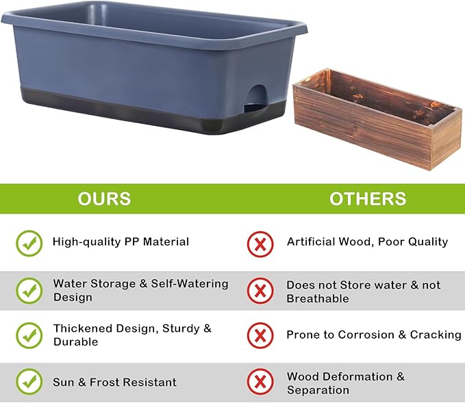 Window Box Planter 6 Pcs, 18 Inches Rectangle Flower Pots with Drainage Holes and Trays, Vegetable Planters for Windowsill Patio Garden Balcony Home Porch Yard Indoor Outdoor (Grey, 18*10*6 inch)