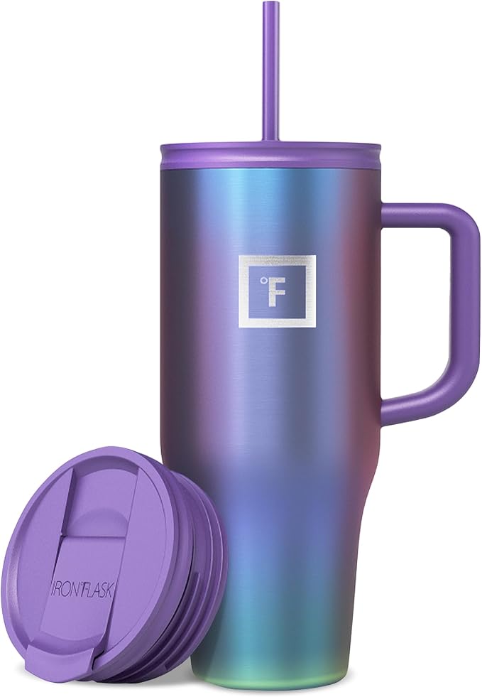 IRON °FLASK 32 oz Co-Pilot Insulated Travel Mug | Insulated Travel Mug with Straw & Flip Cap Lids - Cup Holder Fit, Leakproof, BPA Free (Aurora)