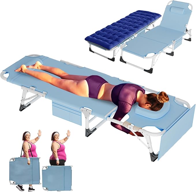 ABORON 3 in 1 Sun Tanning Chair Oversized with Mat&Face Arm Hole, Heavy Duty Folding Chaise Lounge Chairs, 5-Position Outdoor Lounge Chair/Pillow, for Beach, Pool, Lawn, Yard, Patio