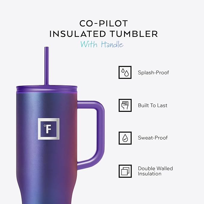 IRON °FLASK 40 oz Co-Pilot Insulated Travel Mug | Insulated Travel Mug with Straw & Flip Cap Lids - Cup Holder Fit, Leakproof, BPA Free (Dark Pine)