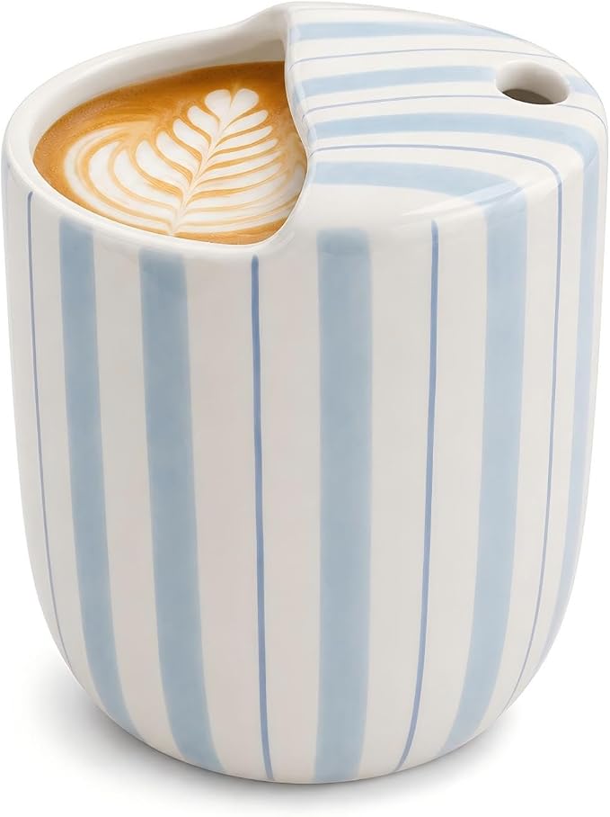 Ceramic Mug with Sip Hole 10 oz Light Blue Striped Ceramic Coffee Mug Hand Painted Travel Mugs Heat Resistant Non Slip Built in One Lid Handcraft Mugs for Coffee Lovers Appreciation Gift