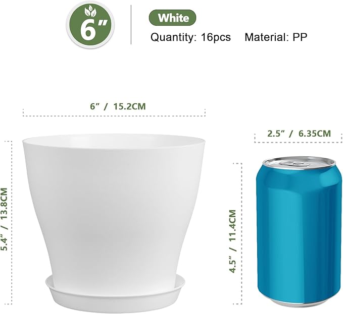6 inch Plastic Nursery Pots, 16 Pack Plant Pots for Small Indoor Outdoor Plants, Flower Pots with Drainage Holes and Saucers, Decorative Seedling Starter Planters for House Plants, White