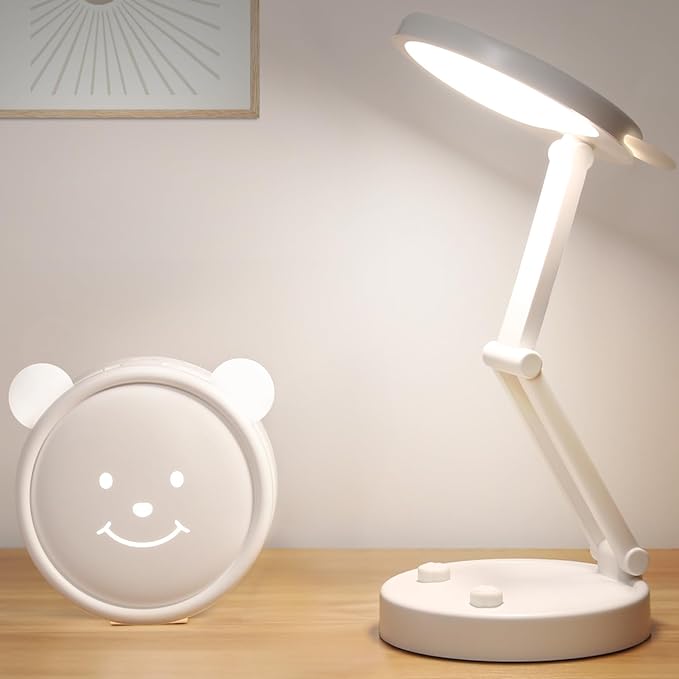 Boncoo Rechargeable Lamp, Cute Bear Battery Operated Desk Lamp Portable & Foldable, LED Cordless Lamp Dimmable with 3 Color Modes, Eye Caring Table Light Small Desk Lamps for Home Office Dorm