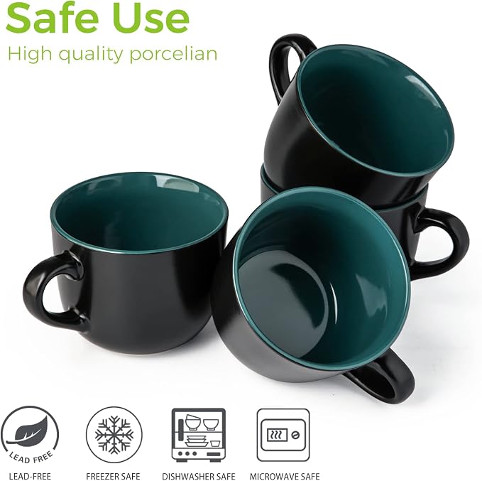GBhome Jumbo Soup Mugs with Handles, 24 Oz Large Coffee Mugs Set of 4 | Ceramic Soup bowls for Soup Cereal Snacks Salad Noodles Cups, Microwave safe - Matte Black, Green Inside