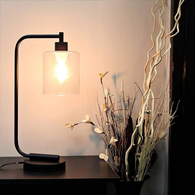 Simple Designs LD1036-BLK Bronson Antique Style Industrial Iron Lantern Desk Bedside Glass Shade Table Lamp, Black