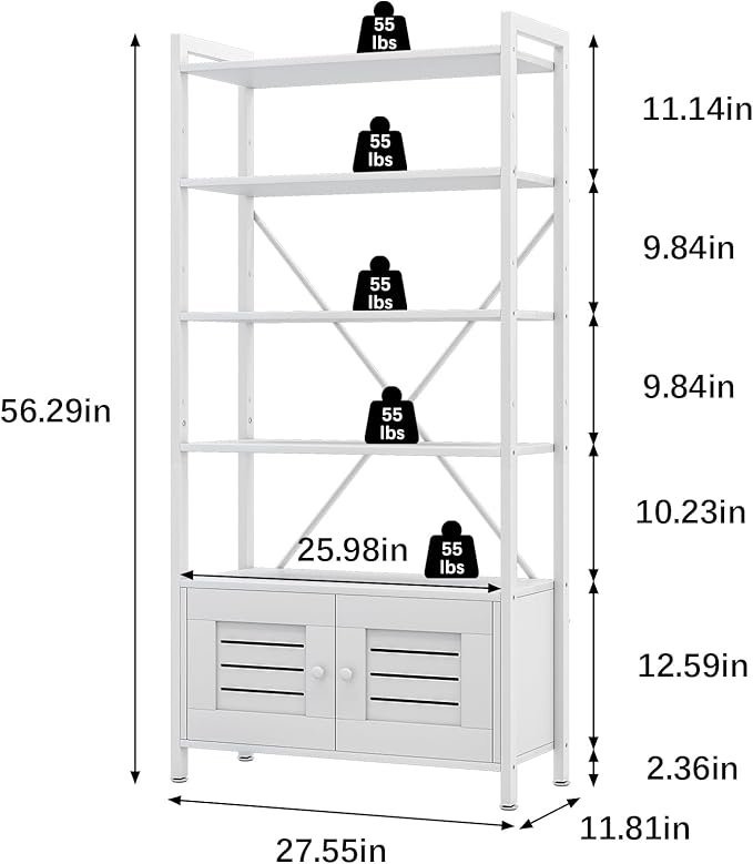 Storage Cabinet with 4 Open Shelves,1 Cupboard,White Bathroom Display Standing Shelf, White Wooden and Metal Frame Shelf for Living Room, Bathroom Bedroom, Home Office Organizer