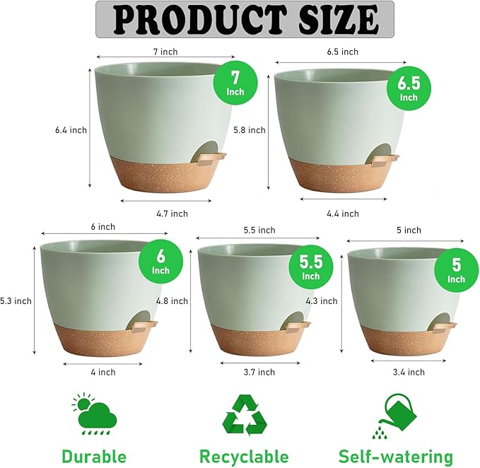5-Pack Plant Pots with Drainage for Winter Care 7/6.5/6/5.5/5 Inch, Self Watering Pots for Indoor Plants, Planters for Indoor Outdoor Plants, Plastic Flower Pot, Planter for Indoor Outdoor (Green)