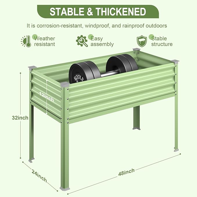 Raised Garden Bed with Legs, 48×24×32in Galvanized Raised Garden Beds Outdoor Elevated Metal Planter Box for Gardening Vegetables Flowers Herb (Green)