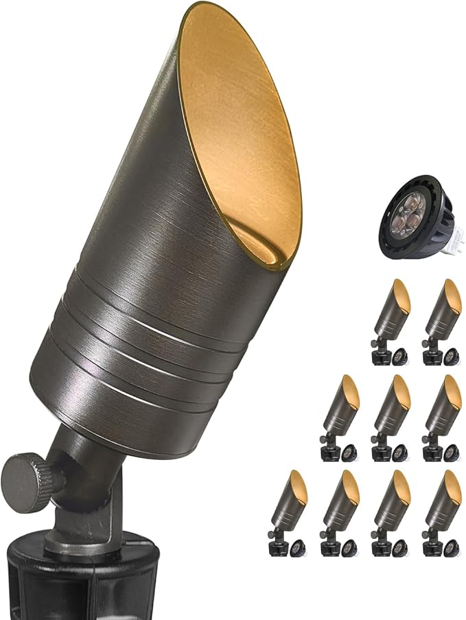 MALORY Brass Spot Lights Outdoor 10-Pack,12V AC/DC Low Voltage LED Landscape Lighting,Waterproof Spot Up Light for Garden,Patio and Yard (S05-Bronze, 10-Pack with Bulb)