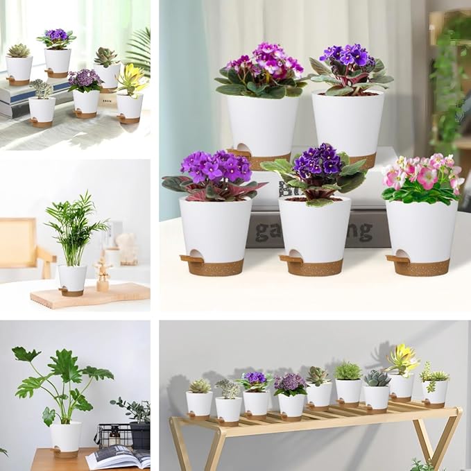 5 Pack 5 inch Self-Watering Pots, African Violets Planter with Drainage Holes and Reservoir, White Brown Plastic Planter for Indoor Outdoor Plants Flowers and Houseplants White Brown, 5 inch 5 pcs