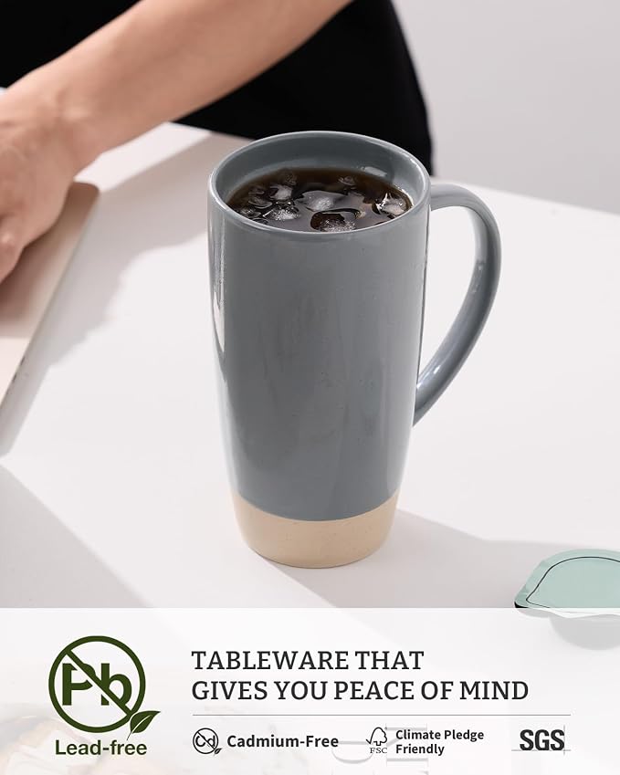 famiware Milkyway Coffee Mugs, 20oz Large Coffee Mug, Ceramic Mug Set of 2 with Lid, Cup Set with Handle for Latte, Tea, Cocoa, Milk, Home & Office, Light Gray and Dark Gray