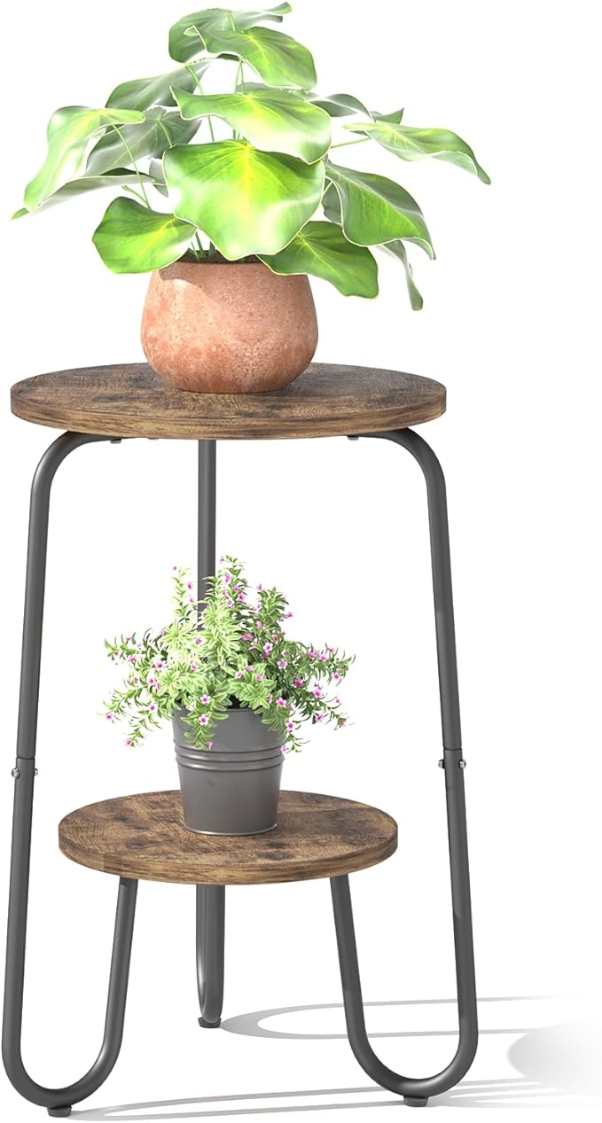2 Tier Wood Plant Stand Indoor, Small Round Flower Pot Stand, 19.6" Tall Single Plant Holder for Living Room, Balcony, Rustic Brown End Side Table(Rustic Brown)