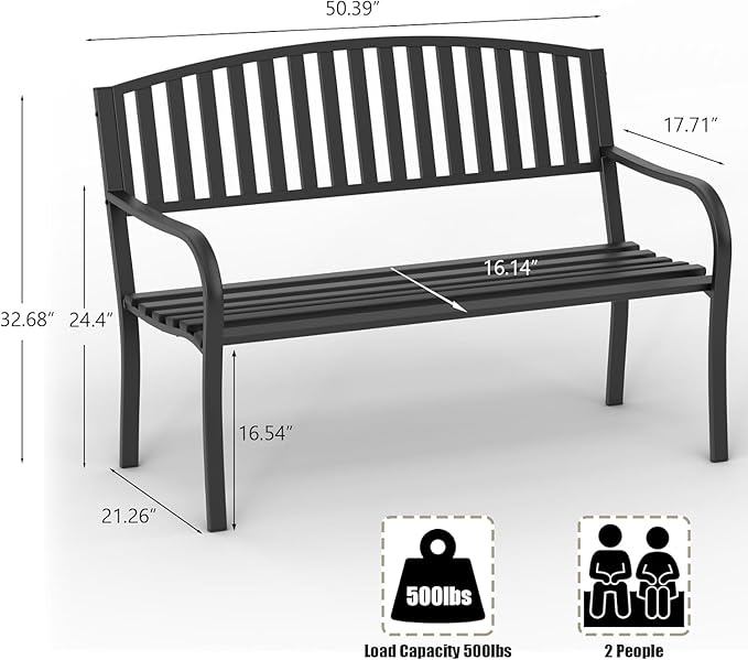 On Shine 50'' Outdoor Bench Weatherproof, Cast Iron All Metal Frame Garden Bench, Anti-Rust Patio Park Bench Clearance for Front Porch, Yard, Lawn, Deck