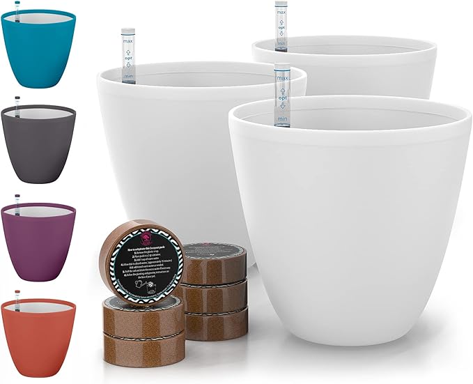 GARDENIX DECOR Self Watering Pots for Indoor Plants 3 Pack - Flower Pot with Water Level Indicator for Plants, Grow Tracking Tool - Self Watering Planter Plant Pot - Coco Coir - White