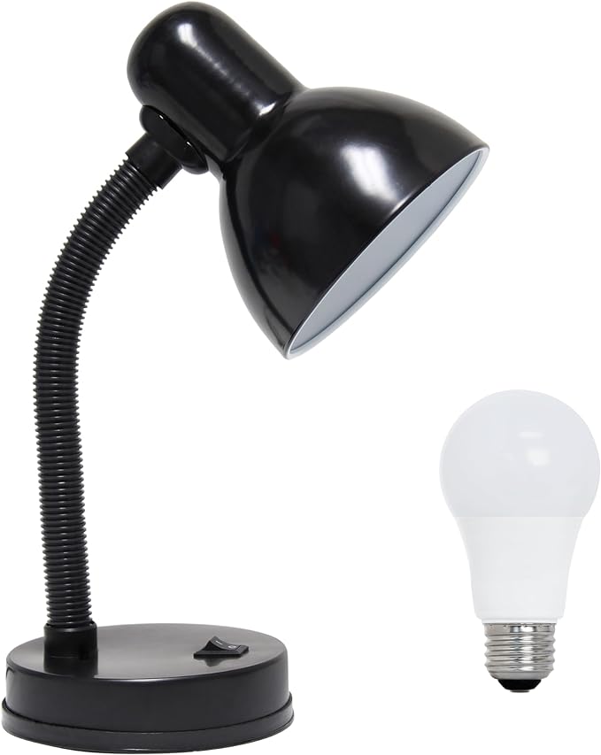 Simple Designs LD1003-BLK-LB 14.25" Basic Metal Desk Lamp with Flexible Hose Neck for Office, Living Room, Bedroom, College Dorm, Bookshelf, Black, with Feit LED Bulb Included