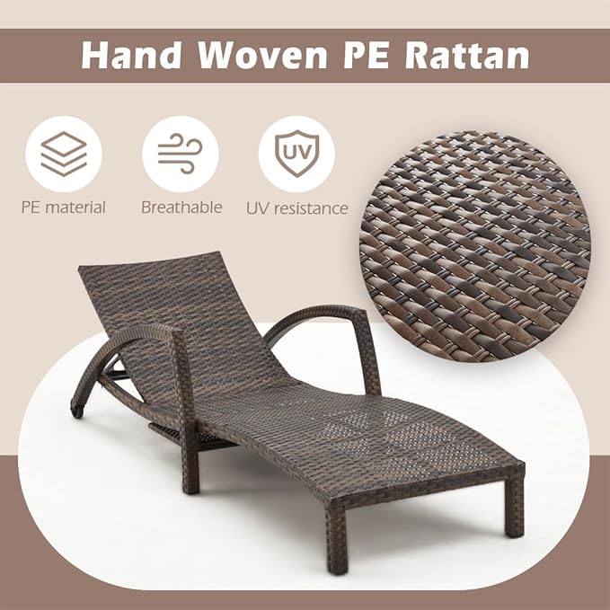 Chaise Lounge Chairs Outdoor Set of 2, Comfy Outside Wicker Patio Pool Lounge Chair w/ 5 Adjustable Back Angle, Cup Holder, Thicken Cushion