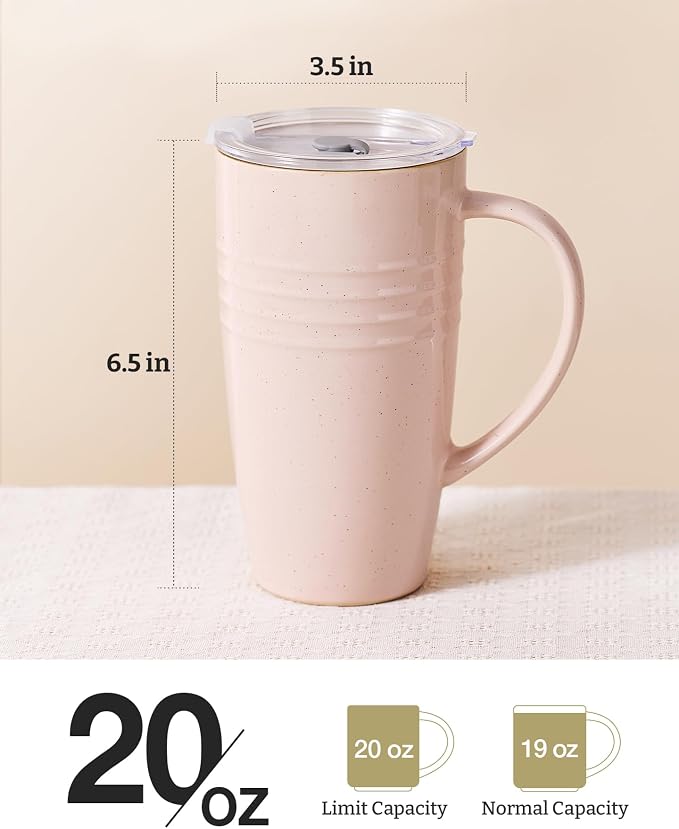 famiware Jupiter Large Coffee Mug, 20oz Coffee Mug with Lid, Ceramic Mugs Set of 4, Cup Set with Handle for Latte, Tea, Cocoa, Milk, Home & Office, Microwave and Dishwasher Safe, Light Pink