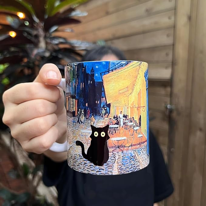 Famous Art Paintings Funny Cat Coffee Mug for Artist Art Lover Teacher Cat Lovers, Famous Picture Classic Vincent Aesthetic Canvas Mug Birthday Gift for Women Man (Terrace at Night)