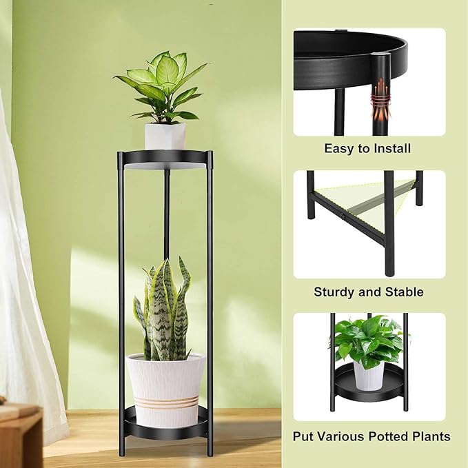 Plant Stand Indoor Outdoor, 2 Tier 24" Tall Black Flower Pot Plant Stands, Heavy Duty Metal Plants Shelf, Rustproof Iron Multiple Plant Round Supports Rack for Planter Corners Garden Balcony Patios