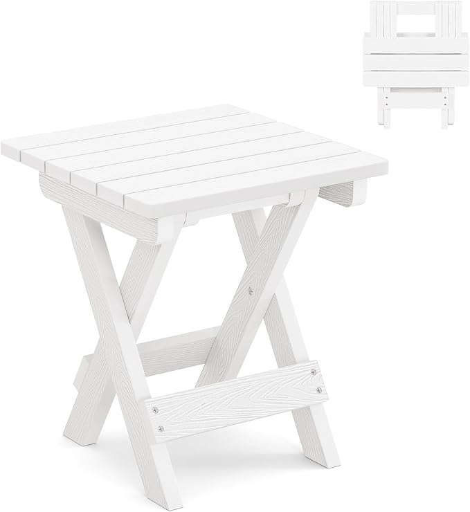 LUE BONA Small Outdoor Folding Side Table, HDPS Outside End Table for Patio, Porch, Deck, Pool, 14 Inch Height, White