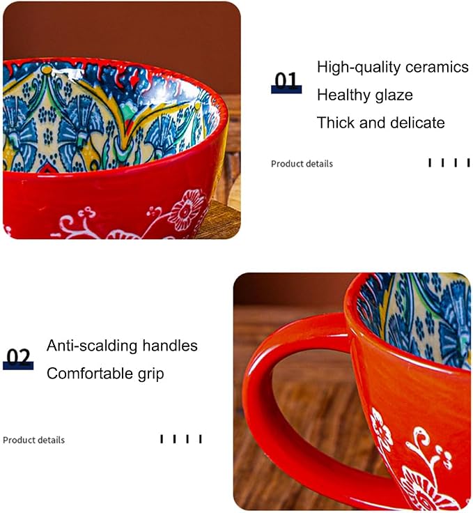 Red Ceramic Mug, Bohemian Hand-Painted, 15 Oz Large Coffee Cup for Milk, Tea, Breakfast, Dishwasher & Microwave Safe Cup