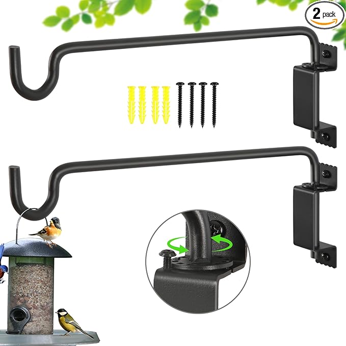16"Swivel Plant Hanger - 360° Outdoor Hanging Brackets with 12-Directional Adjustable Hook, Rust Resistant Solid Steel Wall Mount for Bird Feeders, Indoor/Outdoor Plants, Garden & Patio, Pack of 2
