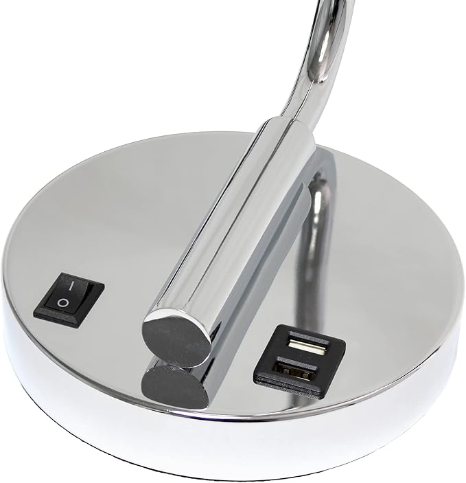 Simple Designs LD1066-CHR Bronson Antique Style Industrial Iron Lantern Desk Bedside Table Lamp with Dual 2 USB Charging Ports and Glass Shade, Chrome