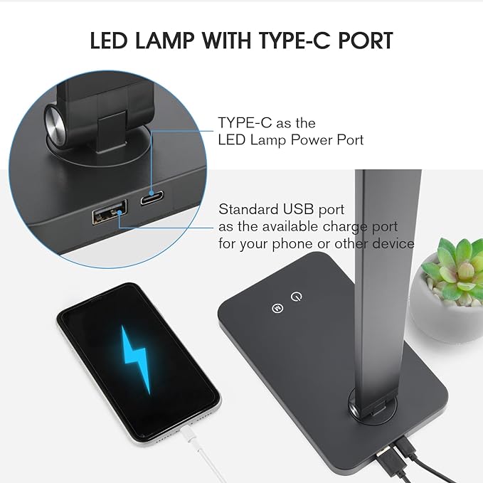 mafiti LED Desk Lamp for Home Office,Touch Desk Light 5 Light Modes 3 Brightness,Foldable Table Lamp with Adjustable Arm,Eye-Caring Lamp with USB Port, Bedside Lamp for working Reading Study,Black