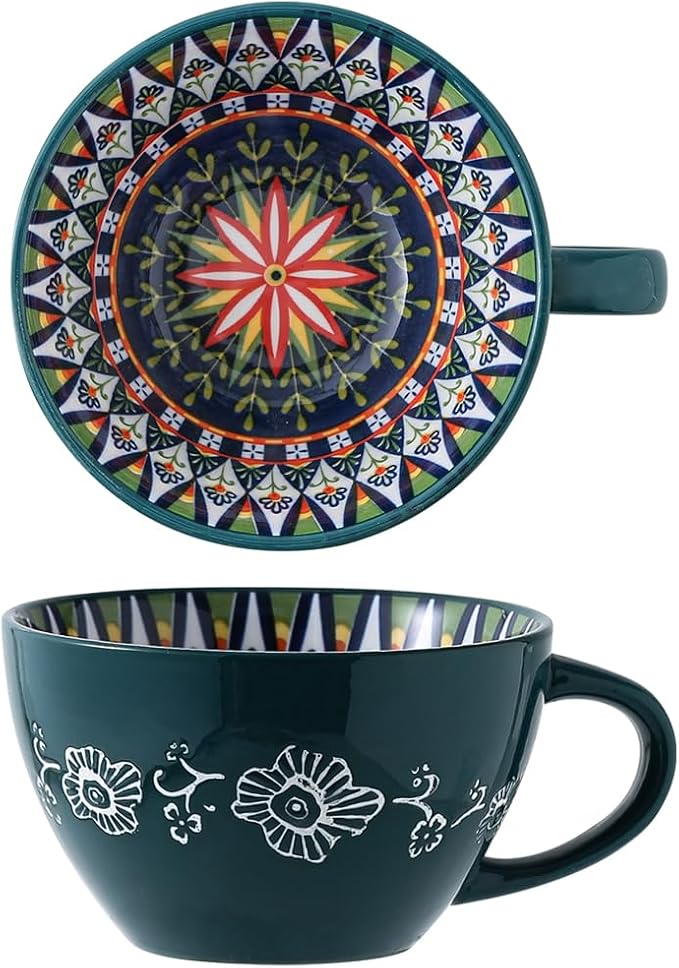 Bohemian Hand-Painted Ceramic Mug, 15 Oz Large Coffee Cup for Milk, Tea, and Breakfast, Dishwasher & Microwave Safe Artisan Cup, Mug Green-A