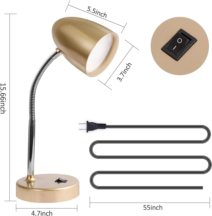 LED Desk Lamp, Flexible Gooseneck with Table lamp, 3.5W 240LM 4000K Cool White Study Lamps for Bedroom and Office, Eye Protection, ETL Listed,Gold