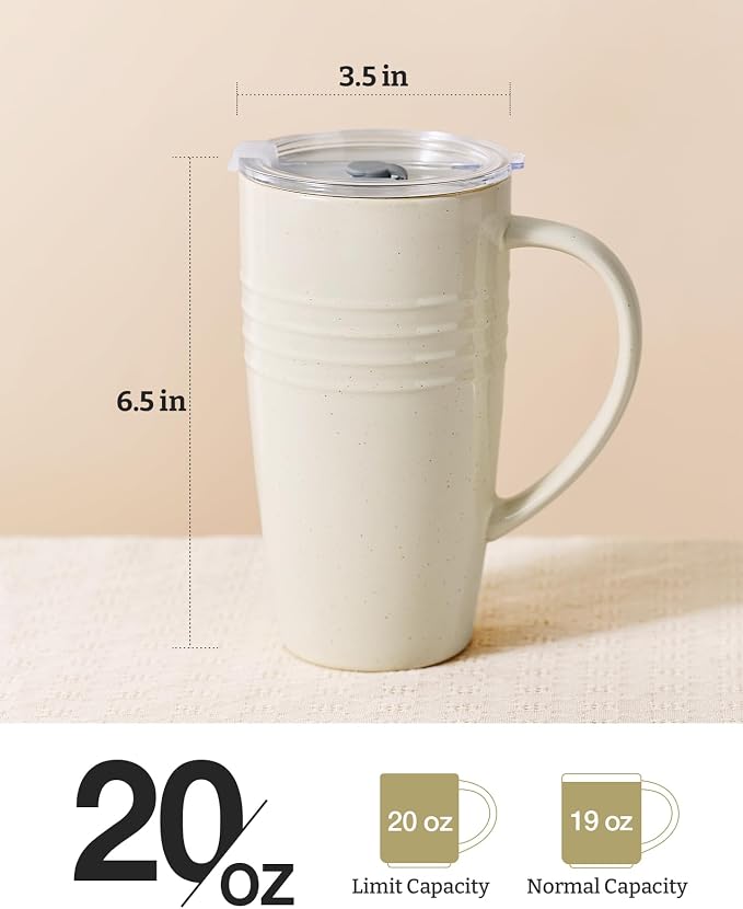 famiware Jupiter Large Coffee Mug, 20oz Coffee Mug with Lid, Ceramic Mugs Set of 4, Cup Set with Handle for Latte, Tea, Cocoa, Milk, Home & Office, Microwave and Dishwasher Safe, Vanilla White