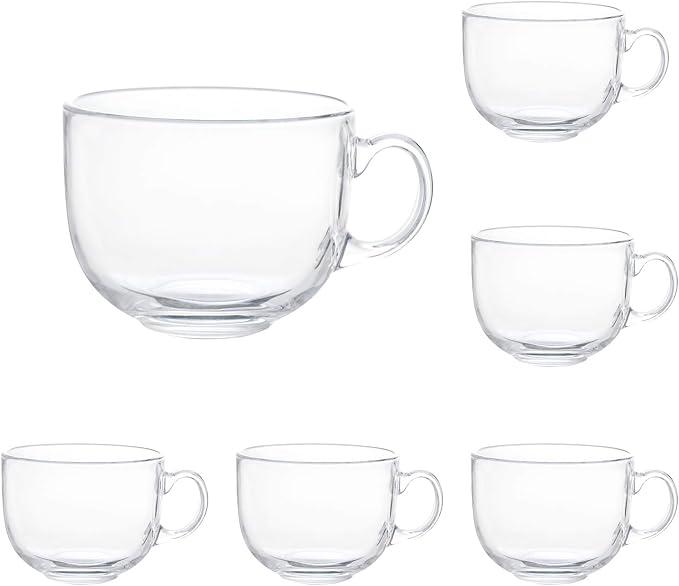 Maredash 16oz Glass Jumbo Mugs With Handle 6pcs | For Coffee, Tea, Soup,Clear Drinking Cup