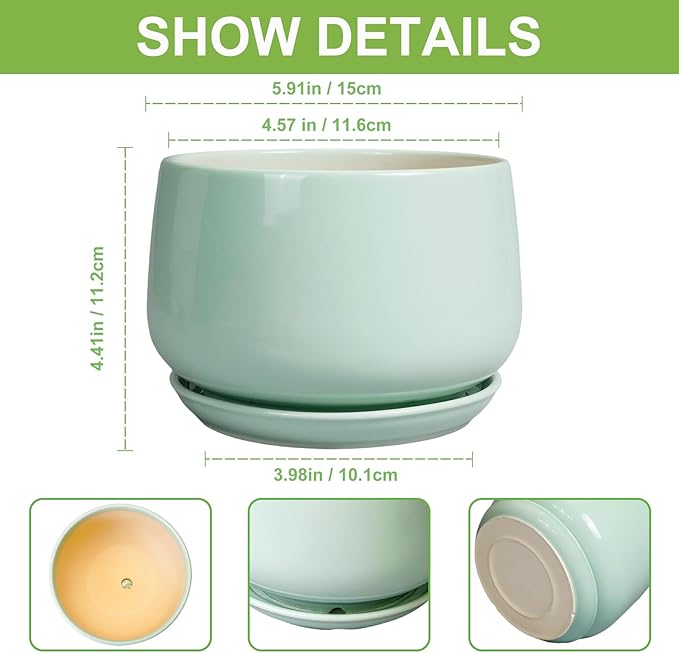 G EPGardening Ceramic Plant Pots - 6 Inch Pot for Plants, Ceramic Planter with Drainage and Saucer, Flower Indoor Outdoor Planter, Modern Bathroom Decor, Birthday Gifts, Green