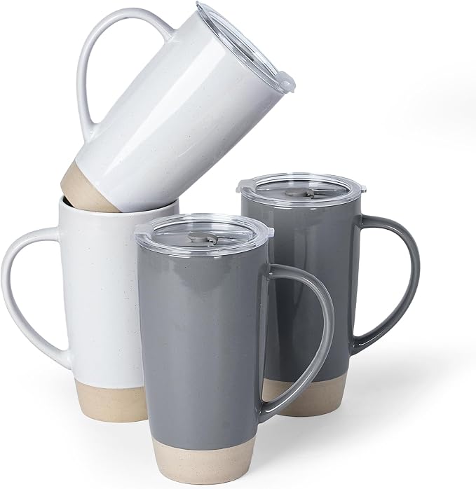 famiware Milkyway Coffee Mugs, 20oz Large Coffee Mug, Ceramic Mug Set of 4 with Lid, Cup Set with Handle for Latte, Tea, Cocoa, Milk, Home & Office, Light Gray and Dark Gray