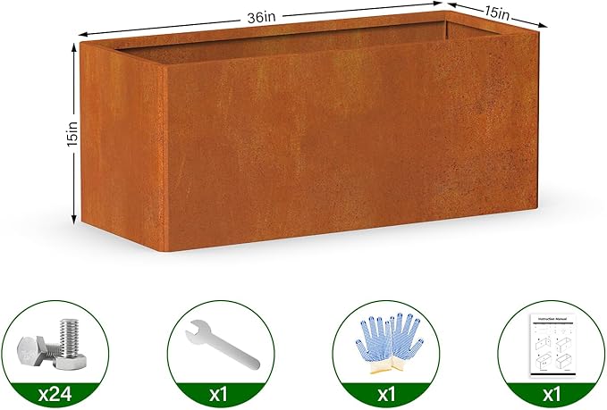 Co rten Steel Planter 36X15X15 inch Large Rectangular Planter Box Rustic Style Flower Box for Porch, Patio, Garden, Commercial Décor, Rusty
