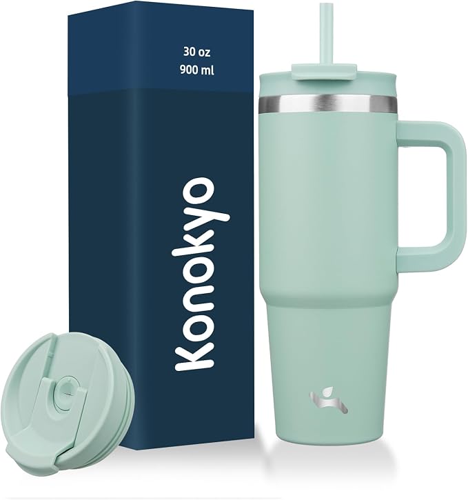 Konokyo 30 oz Insulated Tumbler Water Bottle with Handle, Straw Lid | BPA-free and dishwasher safe; made for gym, travel, coffee and gifting, 2 straws, cup holder friendly,Retro Green